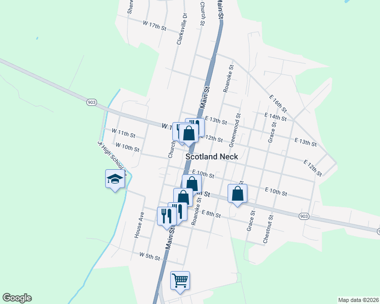 map of restaurants, bars, coffee shops, grocery stores, and more near Main Street in Scotland Neck