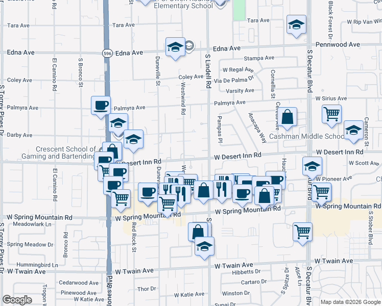 map of restaurants, bars, coffee shops, grocery stores, and more near 3260 Westwind Road in Las Vegas
