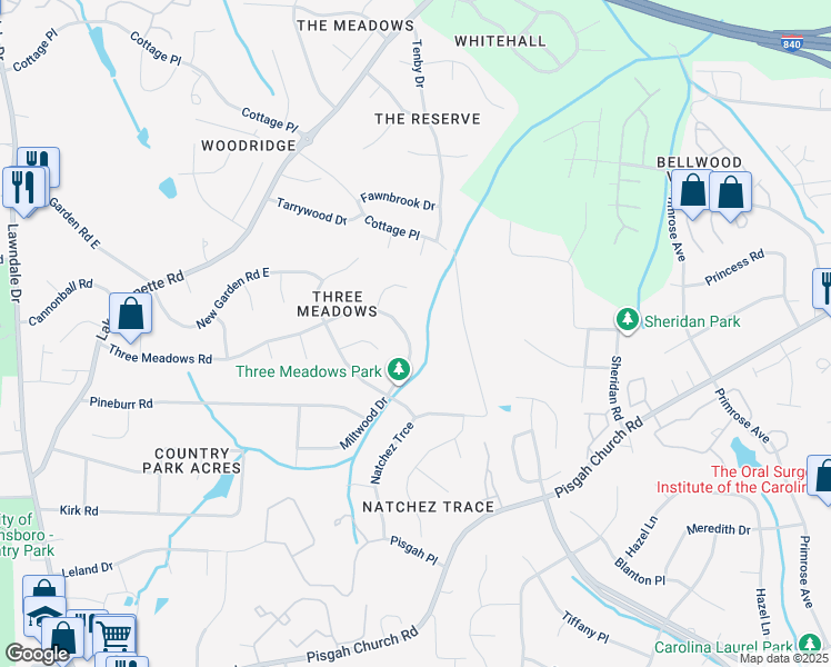 map of restaurants, bars, coffee shops, grocery stores, and more near 514 Miltwood Drive in Greensboro
