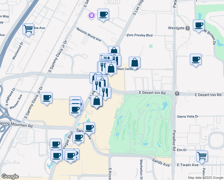 map of restaurants, bars, coffee shops, grocery stores, and more near 245 East Desert Inn Road in Las Vegas