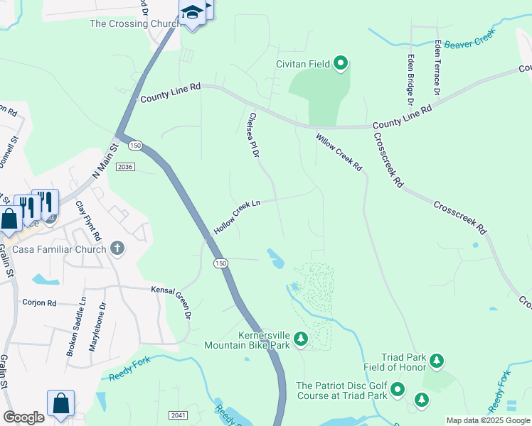 map of restaurants, bars, coffee shops, grocery stores, and more near 1751 Chelsea Place Drive in Kernersville
