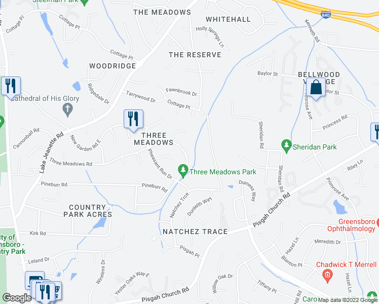 map of restaurants, bars, coffee shops, grocery stores, and more near 514 Miltwood Drive in Greensboro