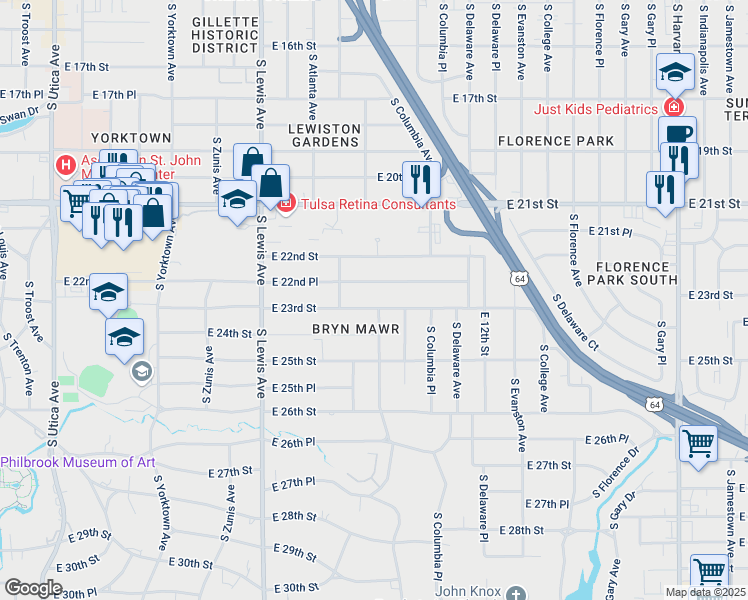 map of restaurants, bars, coffee shops, grocery stores, and more near 2610 East 22nd Place in Tulsa