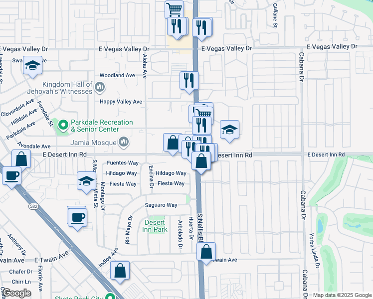 map of restaurants, bars, coffee shops, grocery stores, and more near 3265 South Nellis Boulevard in Las Vegas