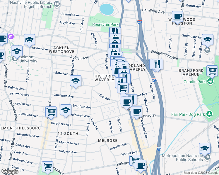 map of restaurants, bars, coffee shops, grocery stores, and more near Elliott Avenue in Nashville
