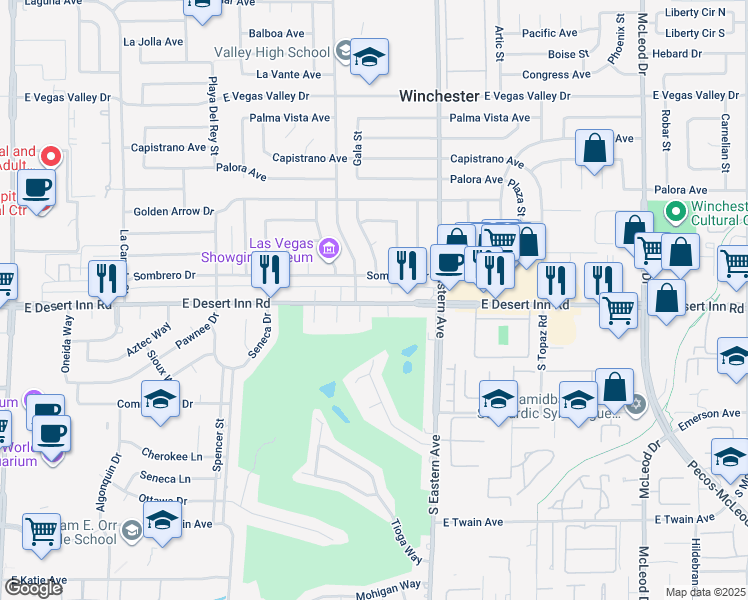 map of restaurants, bars, coffee shops, grocery stores, and more near 2202 East Desert Inn Road in Las Vegas