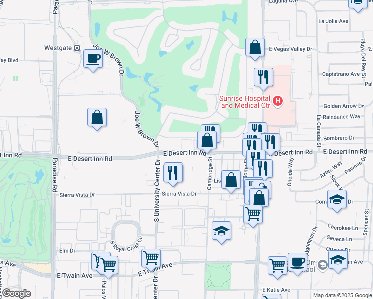map of restaurants, bars, coffee shops, grocery stores, and more near 900 East Desert Inn Road in Las Vegas