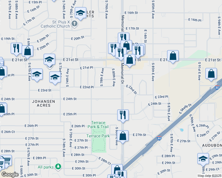 map of restaurants, bars, coffee shops, grocery stores, and more near 7836 East 22nd Place in Tulsa
