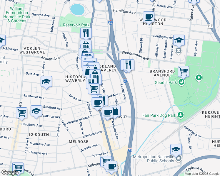 map of restaurants, bars, coffee shops, grocery stores, and more near in Nashville