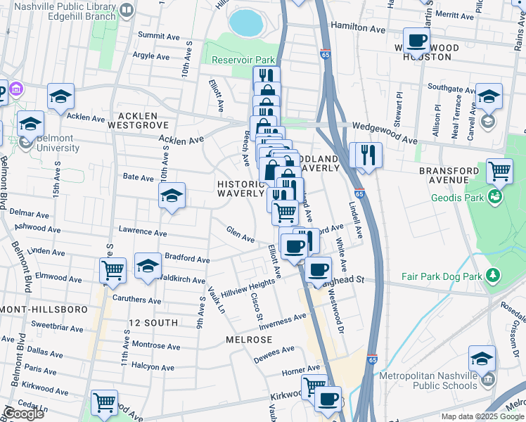 map of restaurants, bars, coffee shops, grocery stores, and more near 2114 Elliott Avenue in Nashville