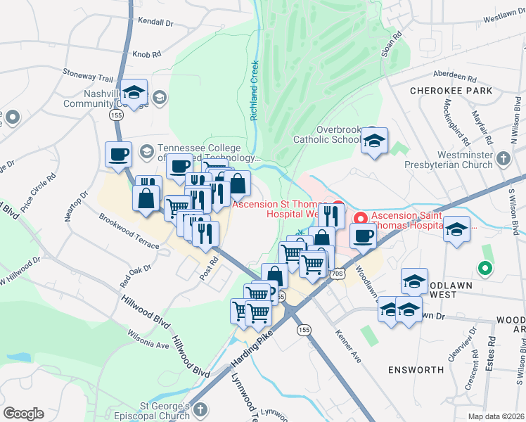 map of restaurants, bars, coffee shops, grocery stores, and more near 4487B Post Place in Nashville