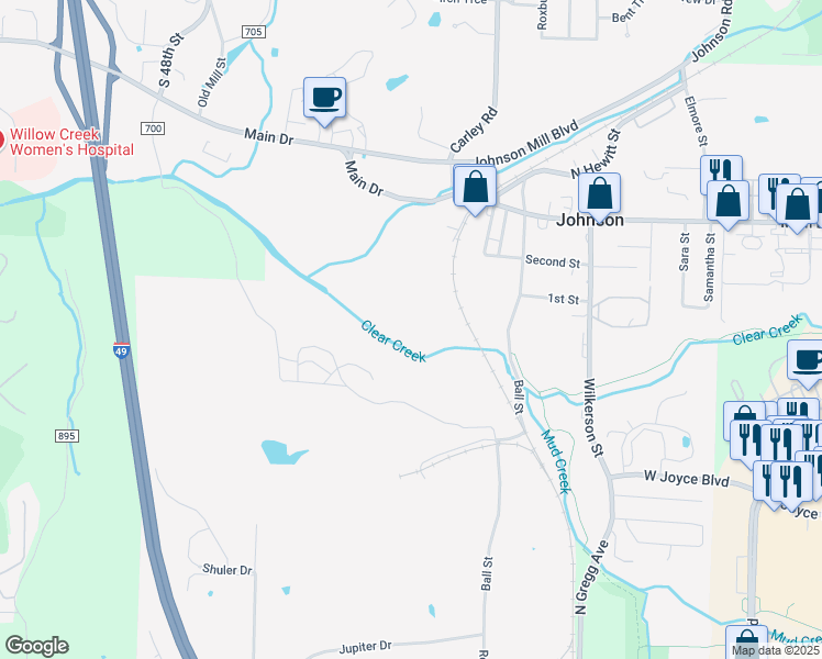map of restaurants, bars, coffee shops, grocery stores, and more near in Johnson
