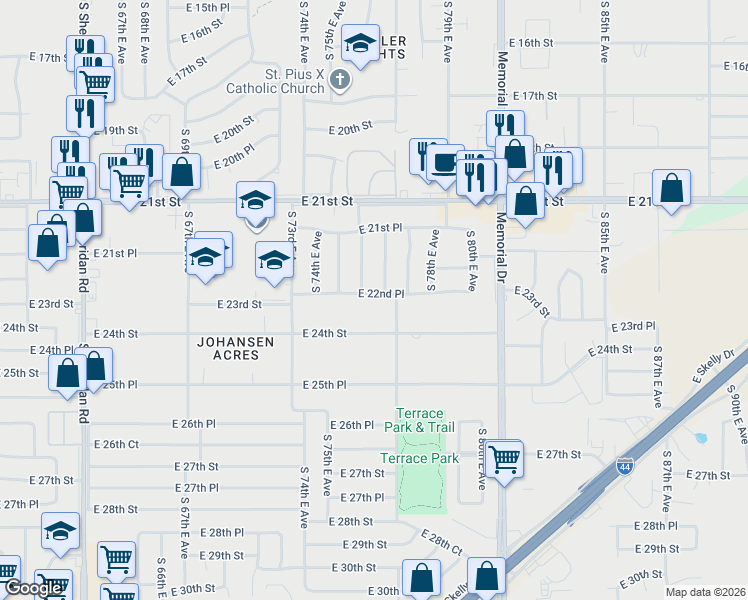 map of restaurants, bars, coffee shops, grocery stores, and more near 2186 South 76th East Place in Tulsa