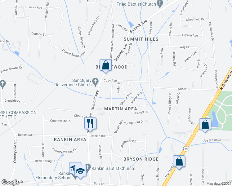 map of restaurants, bars, coffee shops, grocery stores, and more near 3711 Redor Street in Greensboro