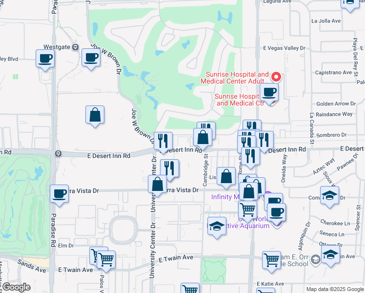 map of restaurants, bars, coffee shops, grocery stores, and more near 900 East Desert Inn Road in Las Vegas