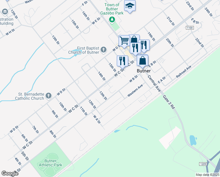 map of restaurants, bars, coffee shops, grocery stores, and more near 403 West C Street in Butner