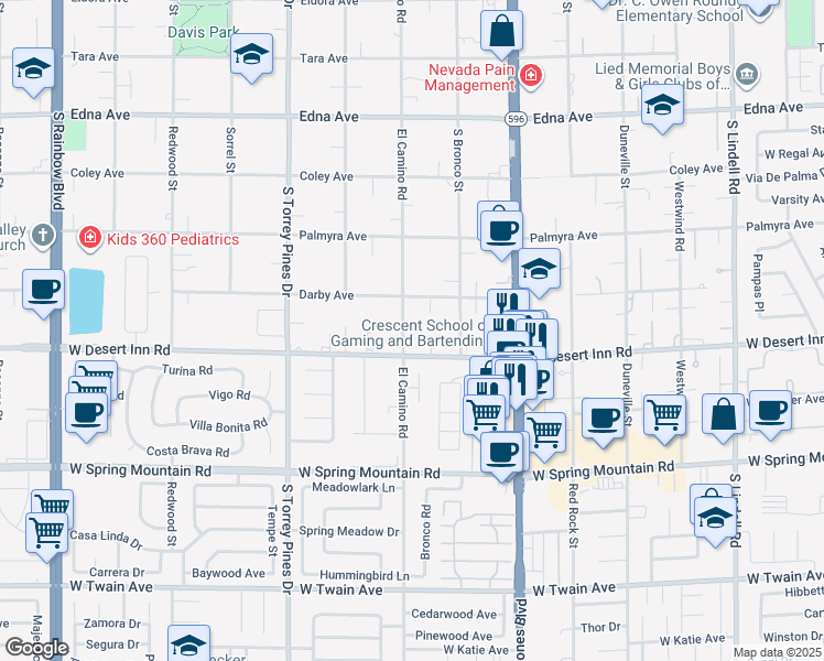 map of restaurants, bars, coffee shops, grocery stores, and more near 3220 El Camino Road in Las Vegas