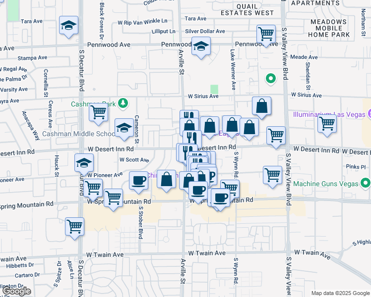 map of restaurants, bars, coffee shops, grocery stores, and more near W Desert Inn Rd & Arville St in Las Vegas