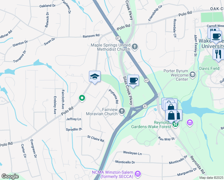 map of restaurants, bars, coffee shops, grocery stores, and more near 3151 Prytania Road in Winston-Salem
