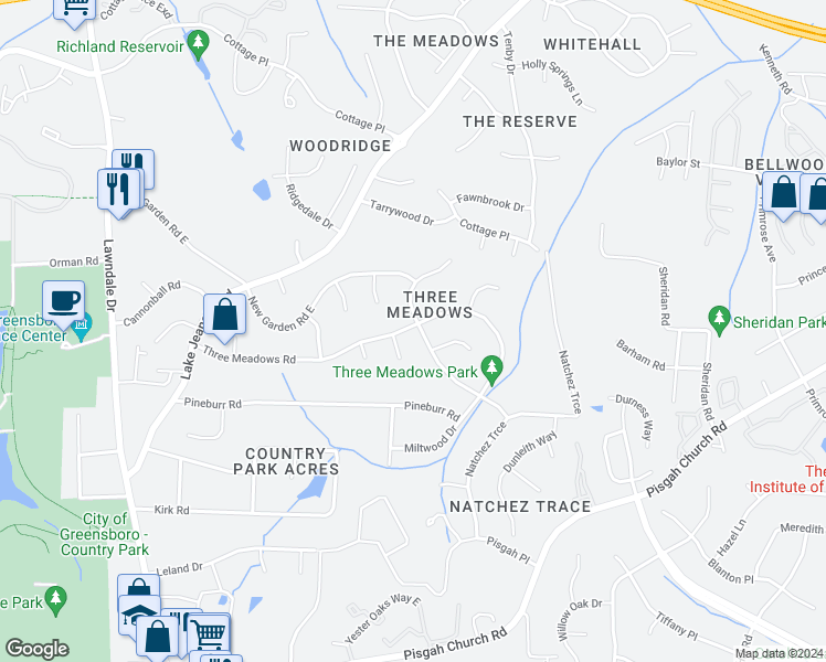 map of restaurants, bars, coffee shops, grocery stores, and more near 4207 Pheasant Run Drive in Greensboro