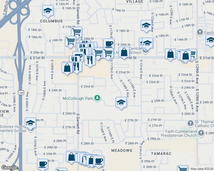 map of restaurants, bars, coffee shops, grocery stores, and more near 2209 South 116th East Avenue in Tulsa