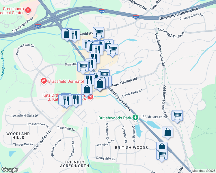 map of restaurants, bars, coffee shops, grocery stores, and more near in Greensboro