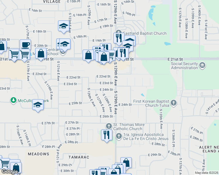map of restaurants, bars, coffee shops, grocery stores, and more near 12810 East 23rd Street in Tulsa