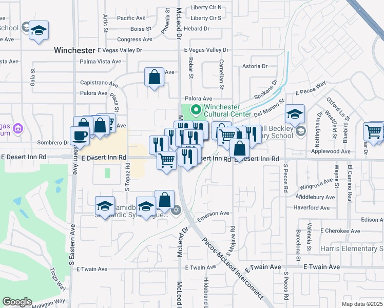 map of restaurants, bars, coffee shops, grocery stores, and more near 3050 East Desert Inn Road in Las Vegas
