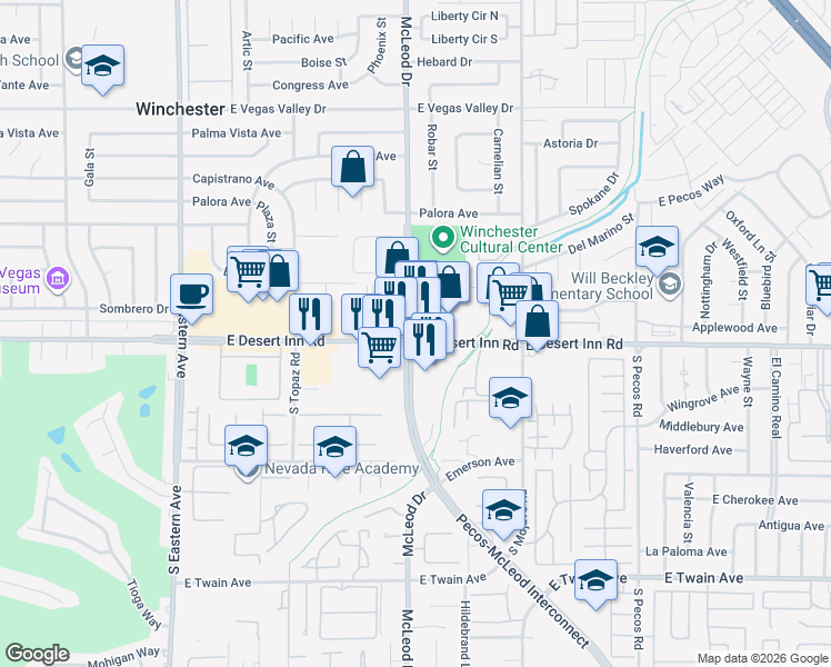 map of restaurants, bars, coffee shops, grocery stores, and more near 2 McLeod Drive in Las Vegas