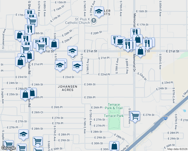 map of restaurants, bars, coffee shops, grocery stores, and more near 7502 East 22nd Place in Tulsa