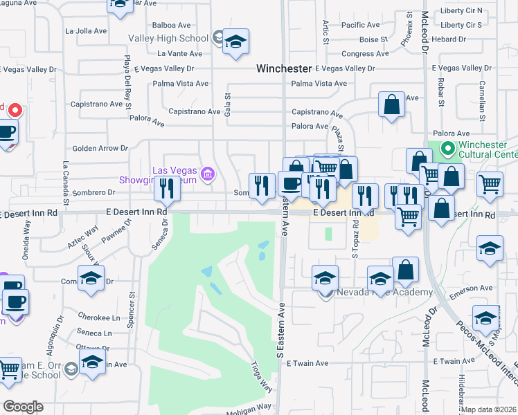 map of restaurants, bars, coffee shops, grocery stores, and more near 2265 Sombrero Drive in Las Vegas