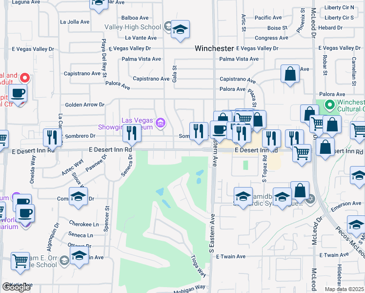 map of restaurants, bars, coffee shops, grocery stores, and more near 2202 East Desert Inn Road in Las Vegas