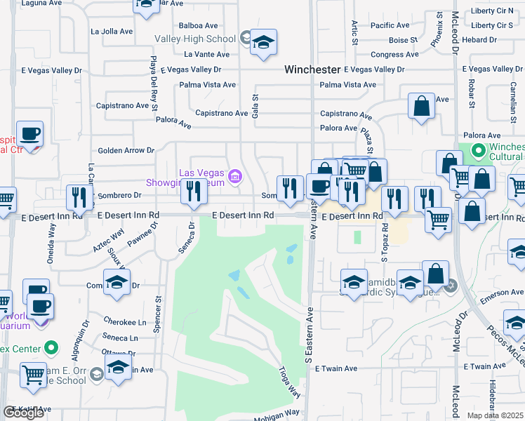 map of restaurants, bars, coffee shops, grocery stores, and more near 2165 Sombrero Drive in Las Vegas
