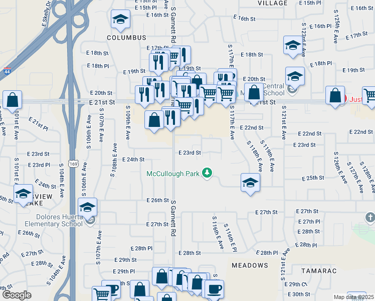 map of restaurants, bars, coffee shops, grocery stores, and more near 11321 East 23rd Street in Tulsa