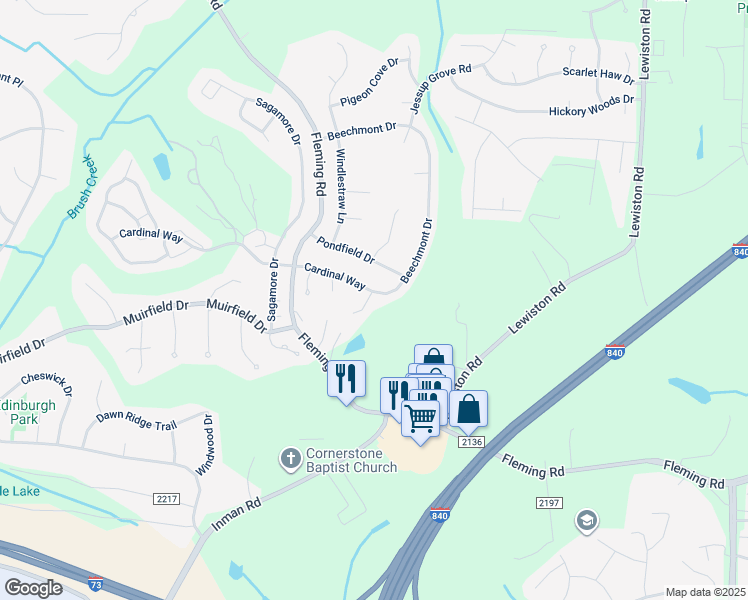 map of restaurants, bars, coffee shops, grocery stores, and more near 5306 Cardinal Way in Greensboro