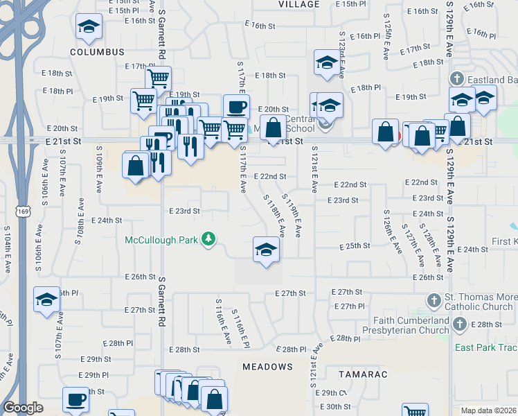 map of restaurants, bars, coffee shops, grocery stores, and more near 2237 South 117th East Avenue in Tulsa