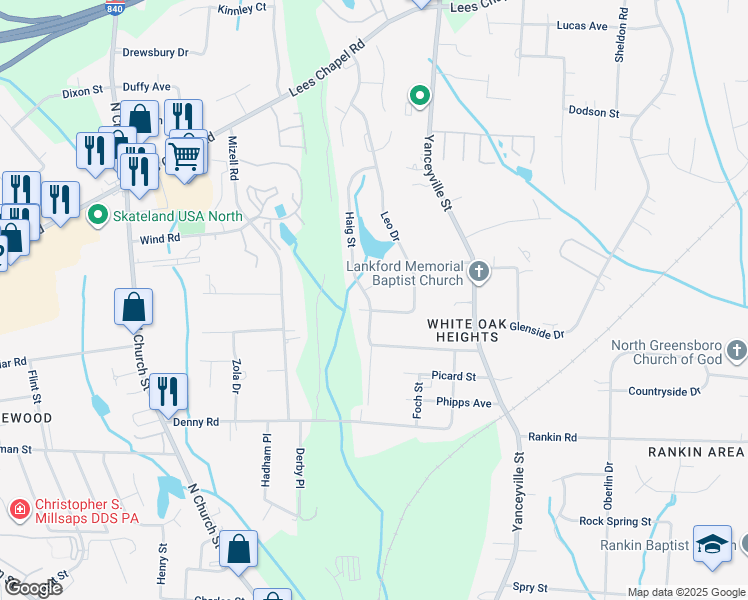map of restaurants, bars, coffee shops, grocery stores, and more near 2802 Haig Street in Greensboro
