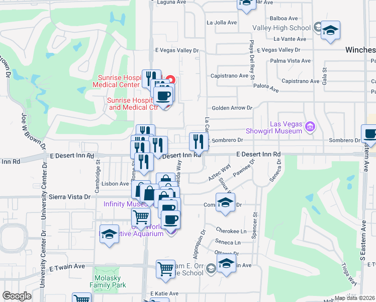 map of restaurants, bars, coffee shops, grocery stores, and more near 1381 Sombrero Drive in Las Vegas