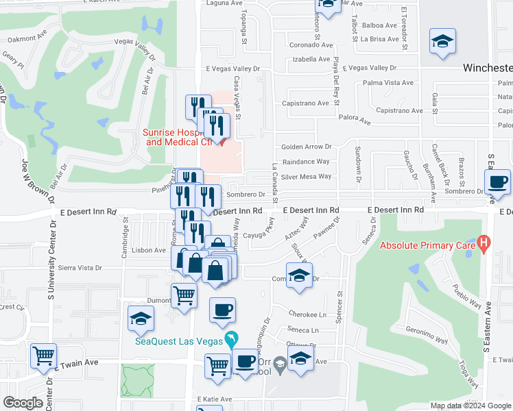map of restaurants, bars, coffee shops, grocery stores, and more near 1430 East Desert Inn Road in Las Vegas