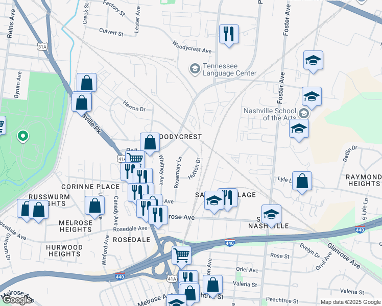 map of restaurants, bars, coffee shops, grocery stores, and more near 2005 Hutton Drive in Nashville