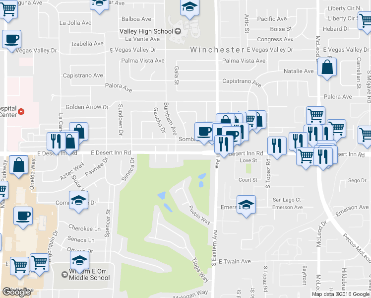 map of restaurants, bars, coffee shops, grocery stores, and more near 2165 Sombrero Drive in Las Vegas