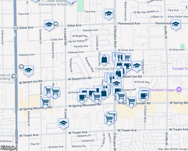 map of restaurants, bars, coffee shops, grocery stores, and more near 3259 Anacapa Way in Las Vegas