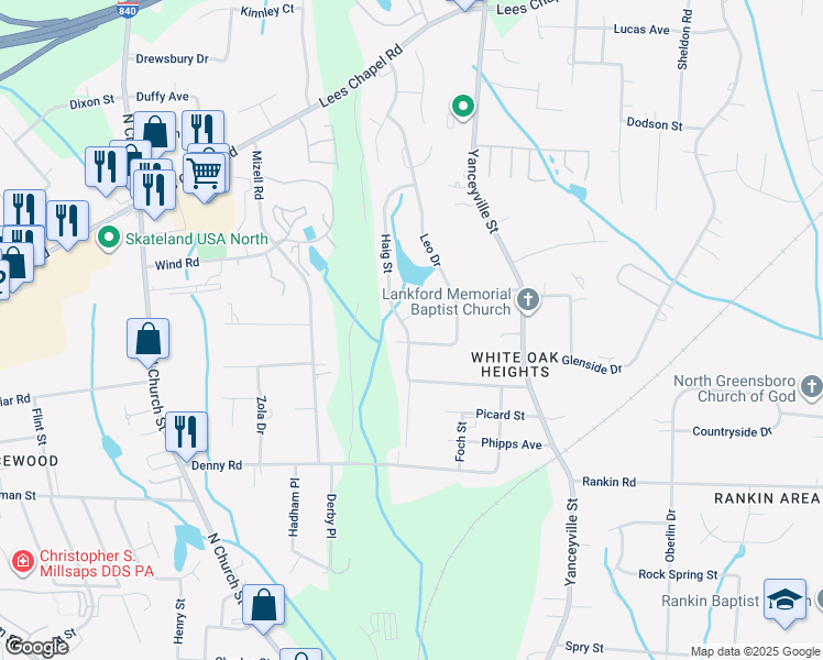map of restaurants, bars, coffee shops, grocery stores, and more near 2802 Haig Street in Greensboro