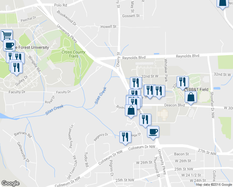 map of restaurants, bars, coffee shops, grocery stores, and more near 3153 Bonhurst Drive in Winston-Salem