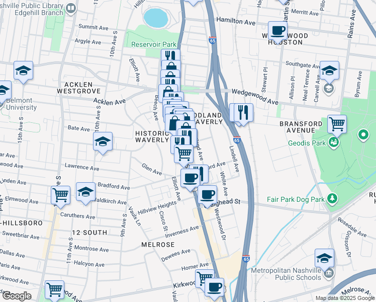 map of restaurants, bars, coffee shops, grocery stores, and more near 2200 8th Avenue South in Nashville