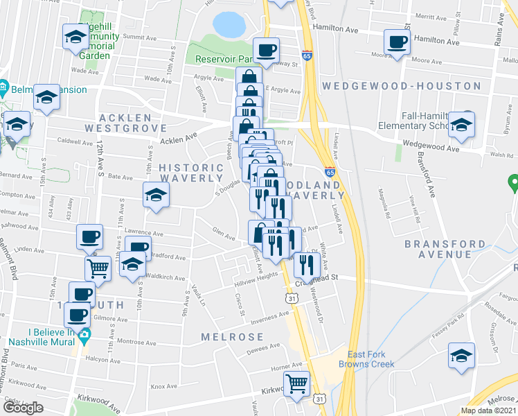 map of restaurants, bars, coffee shops, grocery stores, and more near 2114 Elliott Avenue in Nashville