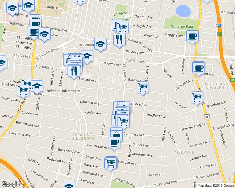 map of restaurants, bars, coffee shops, grocery stores, and more near 2100 Eastwood Avenue in Nashville