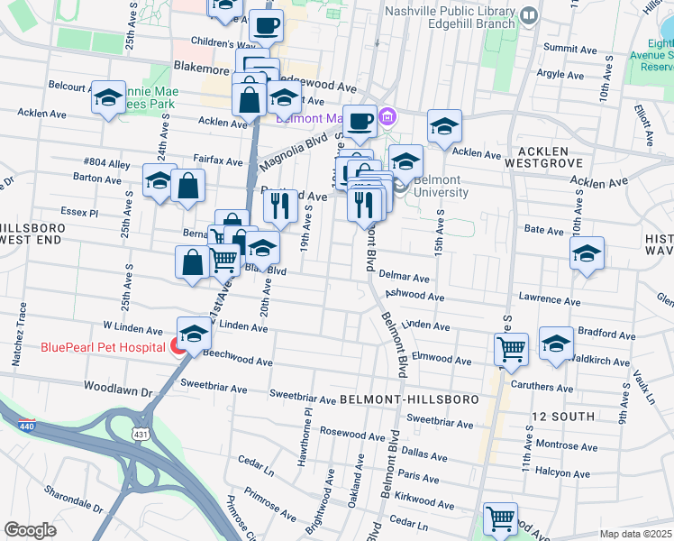 map of restaurants, bars, coffee shops, grocery stores, and more near 2208 18th Avenue South in Nashville