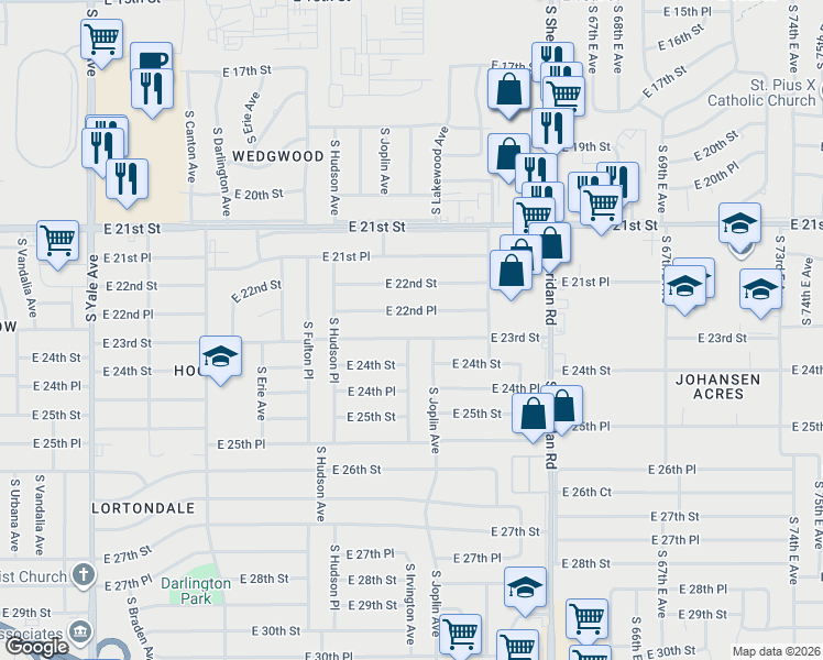 map of restaurants, bars, coffee shops, grocery stores, and more near 5824 East 22nd Place in Tulsa