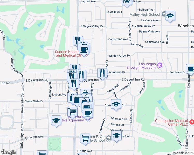 map of restaurants, bars, coffee shops, grocery stores, and more near 1402 East Desert Inn Road in Las Vegas